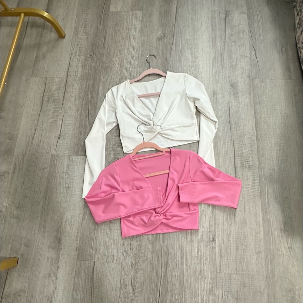 Women's Pink and White Wrap Tops